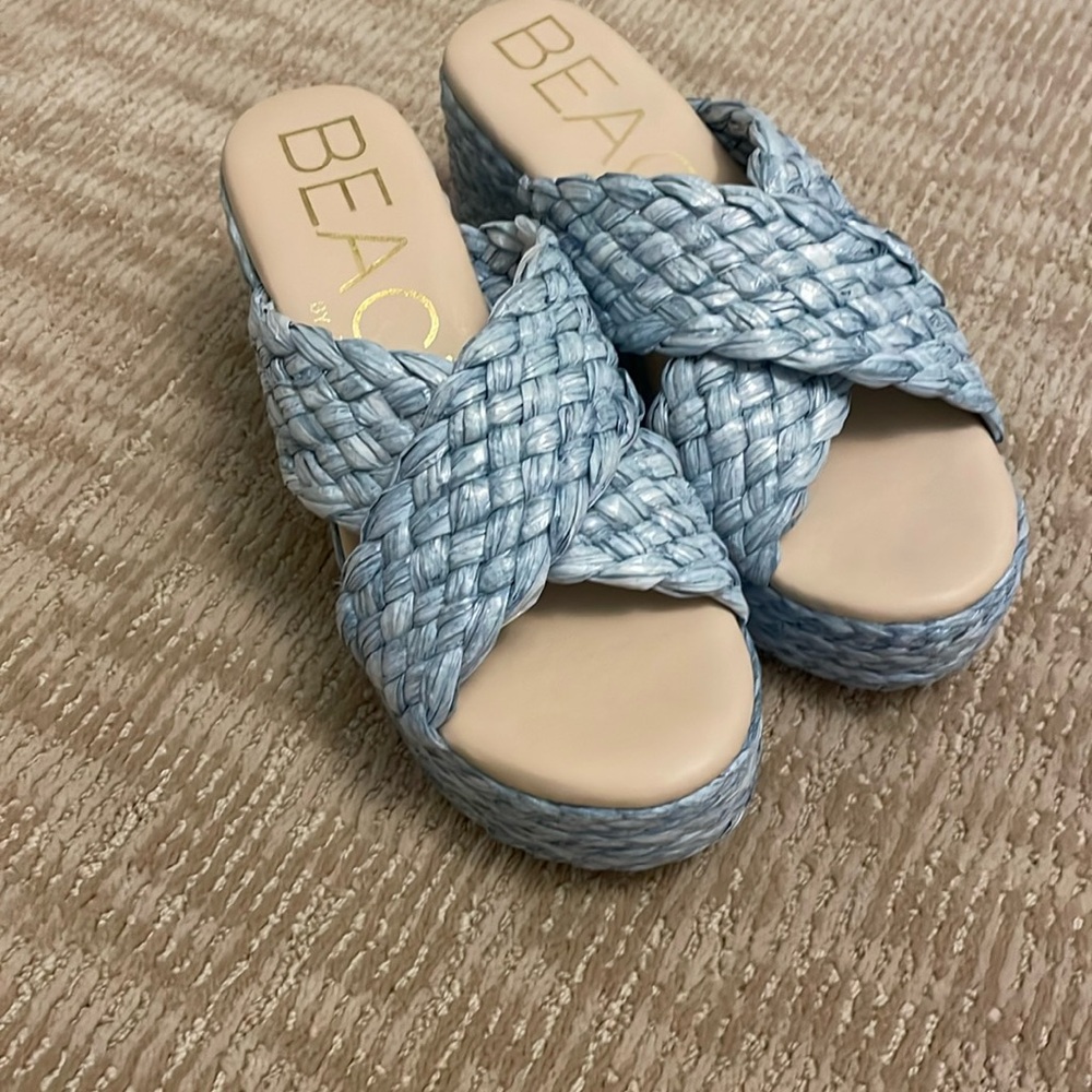 Fun raffia blue summer wedge sandals